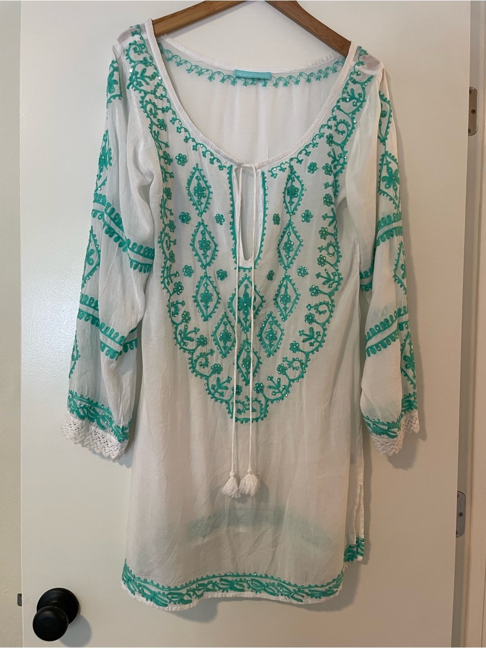 Melissa Odabash White Tunic with Turquoise Embroidery and subtle sequins.